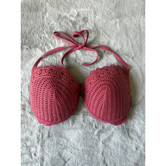 Shade & Shore 34DD Crochet Halter Bikini Top Pink Underwire Swim Bra Large Cup - Picture 1 of 8